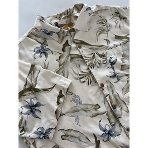 Caribbean Mens 2X Silk Cotton Blend Tropical Floral Button Up Shirt Cream Tan